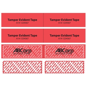 Example of red tamper tape with customer logo on the residue left behind